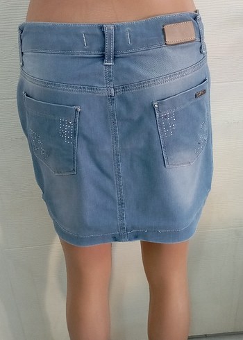 Nakışlı ve Payetli Mavi Mini Kot Etek - Görsel 3