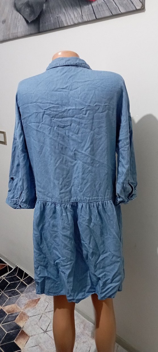 Düğmeli Mavi Midi Denim Elbise - Görsel 2