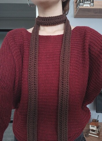  Beden Kahverengi Skinny Scarf İnce Atkı y2k 