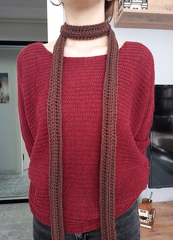  Beden kahverengi Renk Kahverengi Skinny Scarf İnce Atkı y2k 