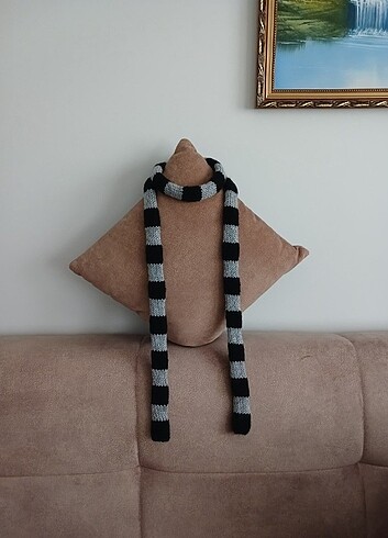 Çizgili Skinny Scarf Gri-Siyah İnce Atkı