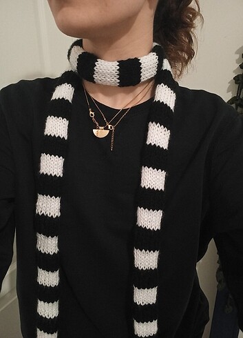Siyah Beyaz Çizgili Skinny Scarf y2k İnce Atkı