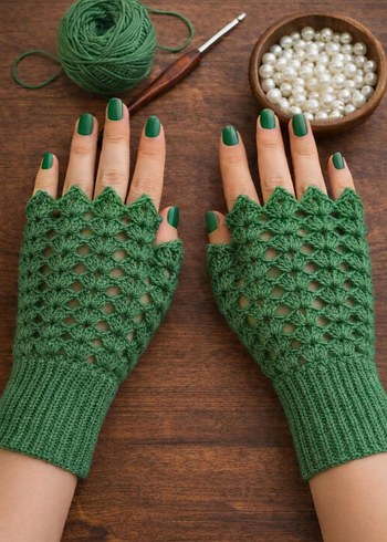 Siyah Örgü Kadın Eldiveni Gül Detaylı - Görsel 5