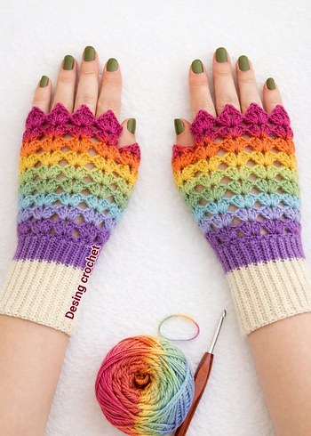 Siyah Örgü Kadın Eldiveni Gül Detaylı - Görsel 4