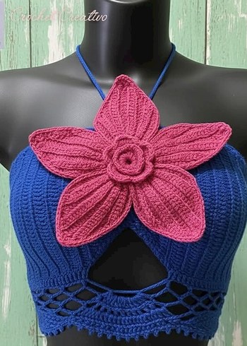 Turkuaz Renkli Çiçek Desenli Örgü Bustiyer - Görsel 2