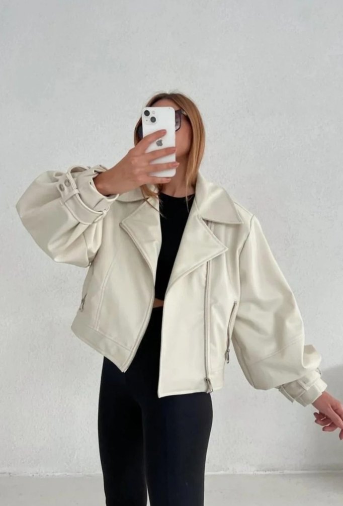 Kadın Beyaz Deri Kemerli Kısa Ceket - Görsel 2