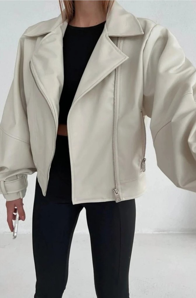 Kadın Beyaz Deri Kemerli Kısa Ceket - Görsel 3