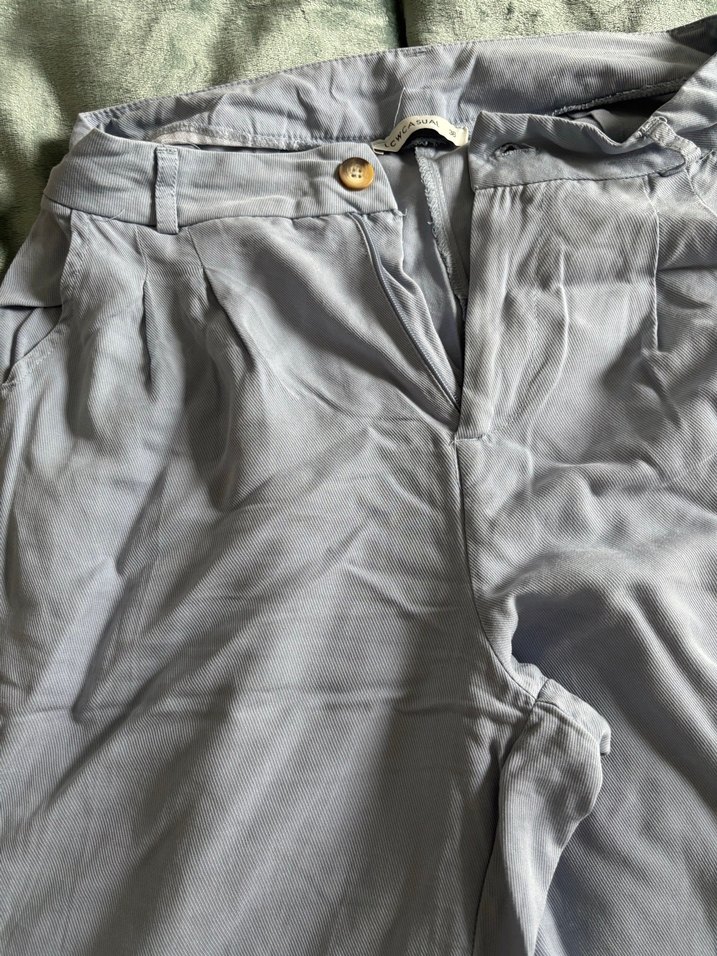 Mavi Kemerli Bol Kesim Keten Pantolon - Görsel 3