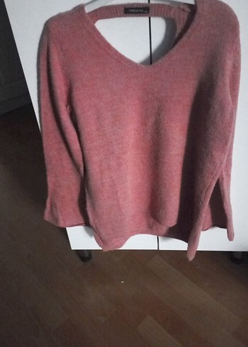 Pembe V Yaka Kadın Örgü Yün Kazak - Görsel 4