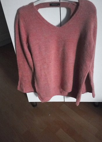 Pembe V Yaka Kadın Örgü Yün Kazak - Görsel 2