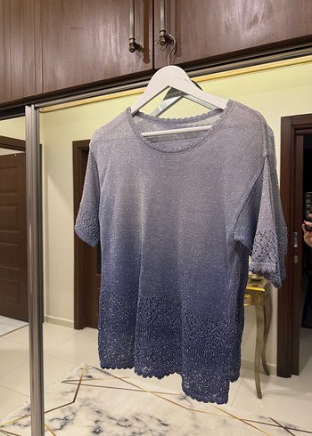 m Beden Gri Batik Desenli Kısa Kollu Triko Bluz