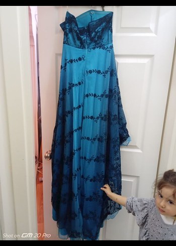 Boncuk İşlemeli Turkuaz Uzun Abiye Elbise - Görsel 4