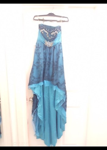 Boncuk İşlemeli Turkuaz Uzun Abiye Elbise - Görsel 2