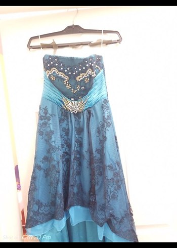 Boncuk İşlemeli Turkuaz Uzun Abiye Elbise - Görsel 5