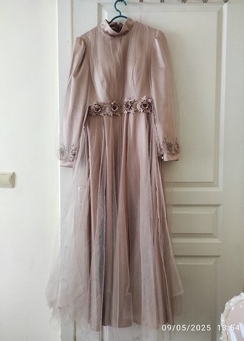 Abiye Bej Uzun Kollu Vintage Abiye Elbise