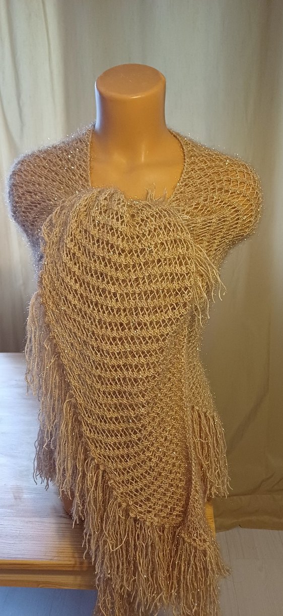 Simli ipten Bej Örgü el emeği Kadın Şal - Görsel 2