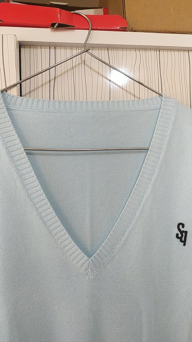 Mavi V Yaka Pamuklu Kadın Kazak - Görsel 4