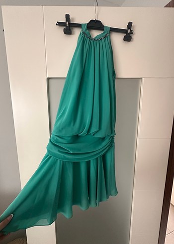 Turkuaz zirkon Taş Detaylı Boyundan Bağlamalı Mini  Elbise - Görsel 7