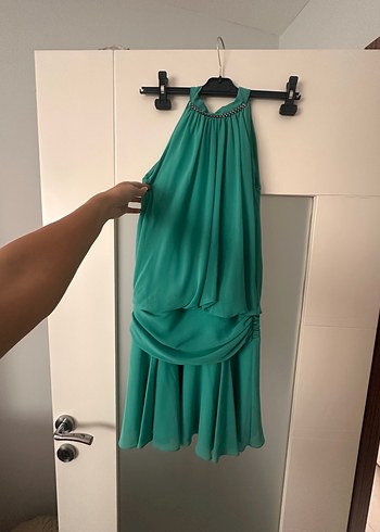 Turkuaz zirkon Taş Detaylı Boyundan Bağlamalı Mini  Elbise - Görsel 8