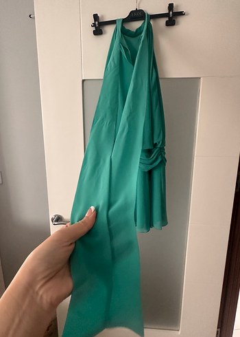 Turkuaz zirkon Taş Detaylı Boyundan Bağlamalı Mini  Elbise - Görsel 3