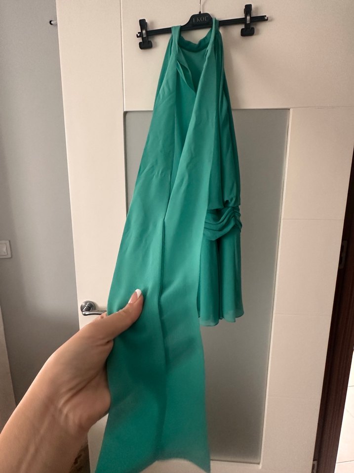 Turkuaz zirkon Taş Detaylı Boyundan Bağlamalı Mini  Elbise - Görsel 3