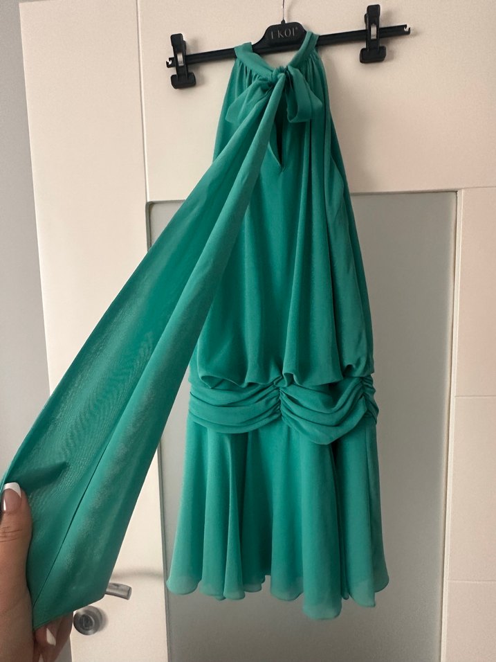 Turkuaz zirkon Taş Detaylı Boyundan Bağlamalı Mini  Elbise - Görsel 2