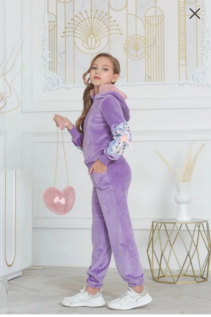 Kız Çocuk Mor Kapüşonlu Peluş Detaylı kadife  Eşofman - Görsel 2
