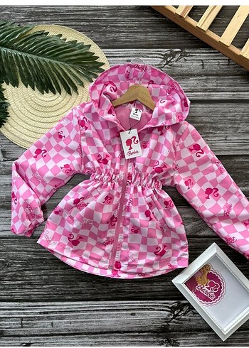 Kız Çocuk Pembe Barbie Baskılı Kapüşonlu Yağmurluk - Görsel 2