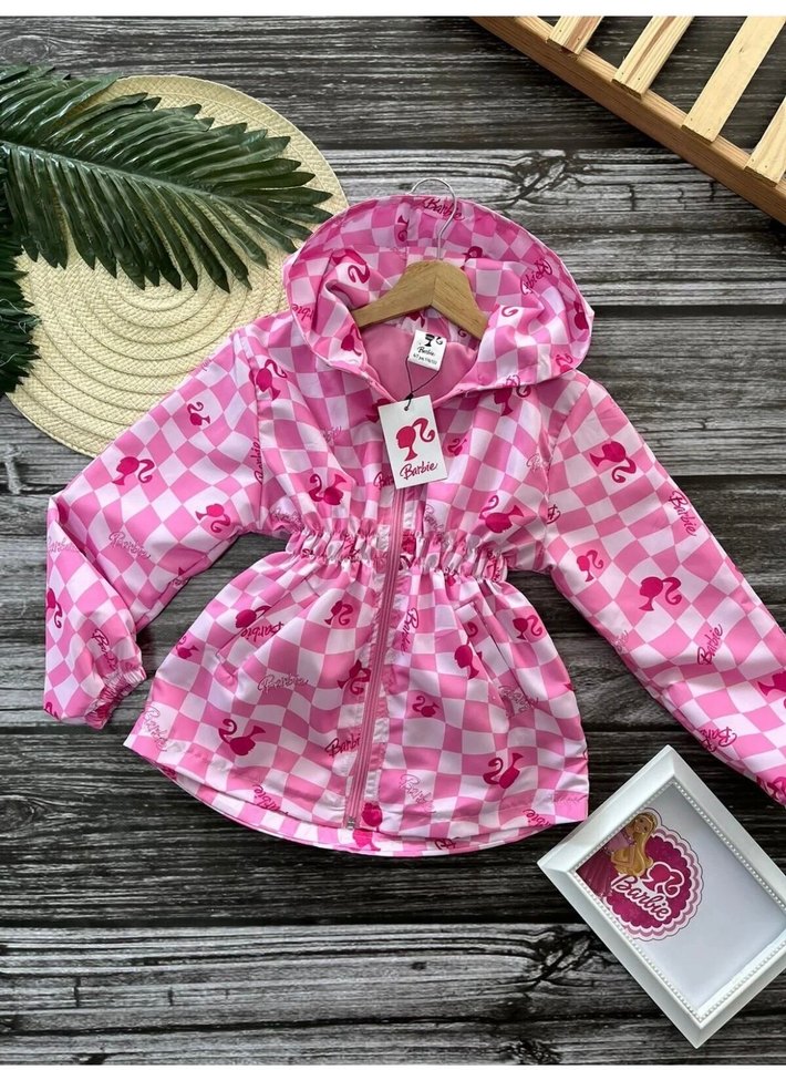 Kız Çocuk Pembe Barbie Baskılı Kapüşonlu Yağmurluk - Görsel 2
