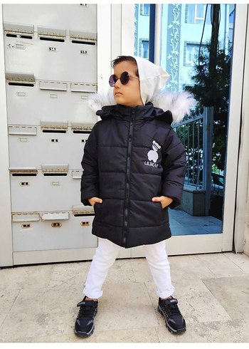 Kürklü Kapüşonlu unisex Çocuk Siyah Mont - Görsel 3