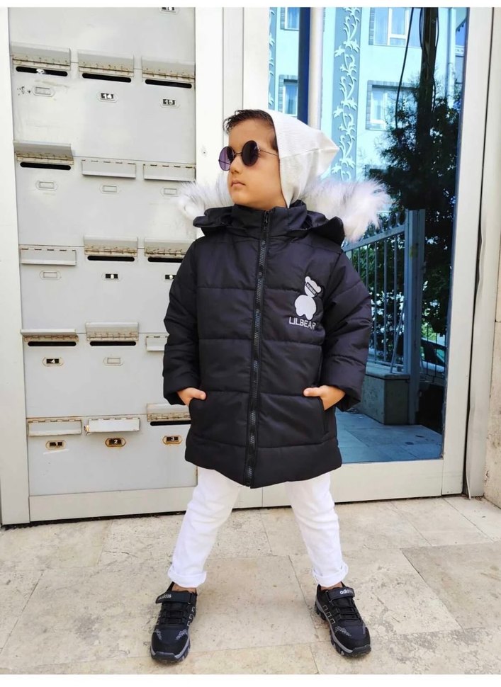 Kürklü Kapüşonlu unisex Çocuk Siyah Mont - Görsel 3