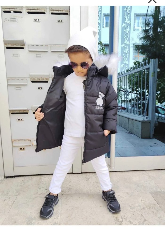 Kürklü Kapüşonlu unisex Çocuk Siyah Mont - Görsel 2