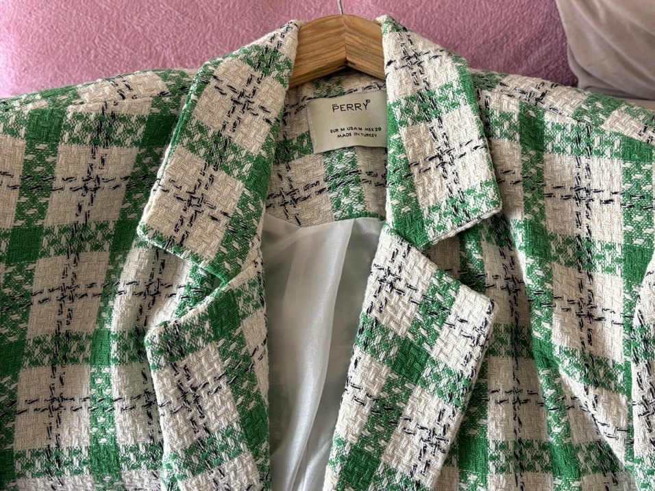 Yeşil Ekose Düğmeli Kadın Blazer Ceket - Görsel 4