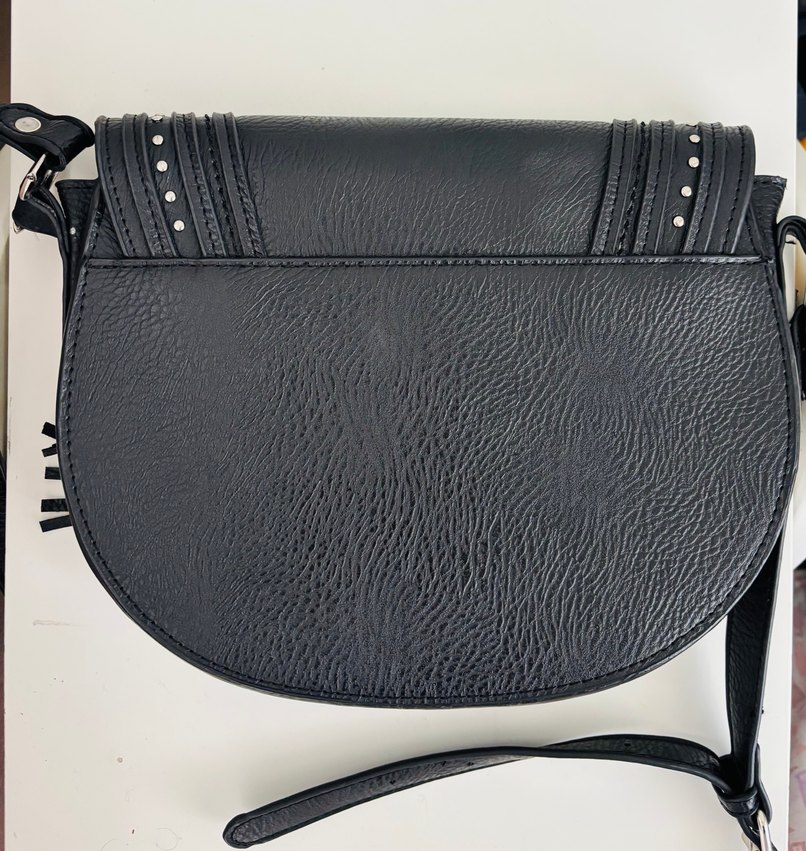 Siyah Deri Püsküllü Biker Kadın Çanta - Görsel 2