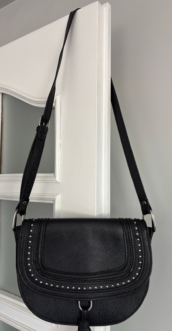 Siyah Deri Püsküllü Biker Kadın Çanta - Görsel 3