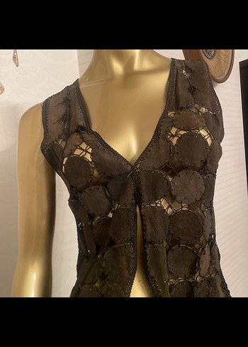 Koyu Kahverengi Nakışlı Deri Mini Yelek - Görsel 2