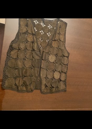 Koyu Kahverengi Nakışlı Deri Mini Yelek - Görsel 5