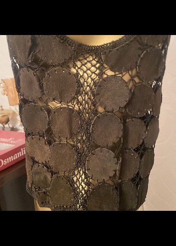 Koyu Kahverengi Nakışlı Deri Mini Yelek - Görsel 4