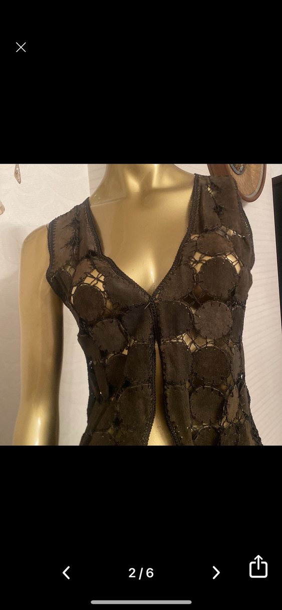 Koyu Kahverengi Nakışlı Deri Mini Yelek - Görsel 2