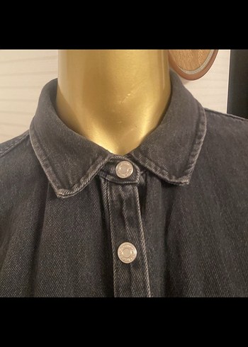 Düğmeli Siyah Kadın Denim Ceket füme - Görsel 2