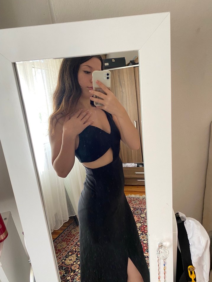 Siyah V Yaka Uzun Kadın Elbise - Görsel 2