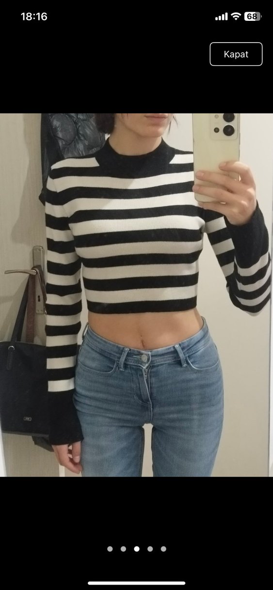 Kemer Detaylı Zebra Desenli Kısa Kadın Kazak - Görsel 2