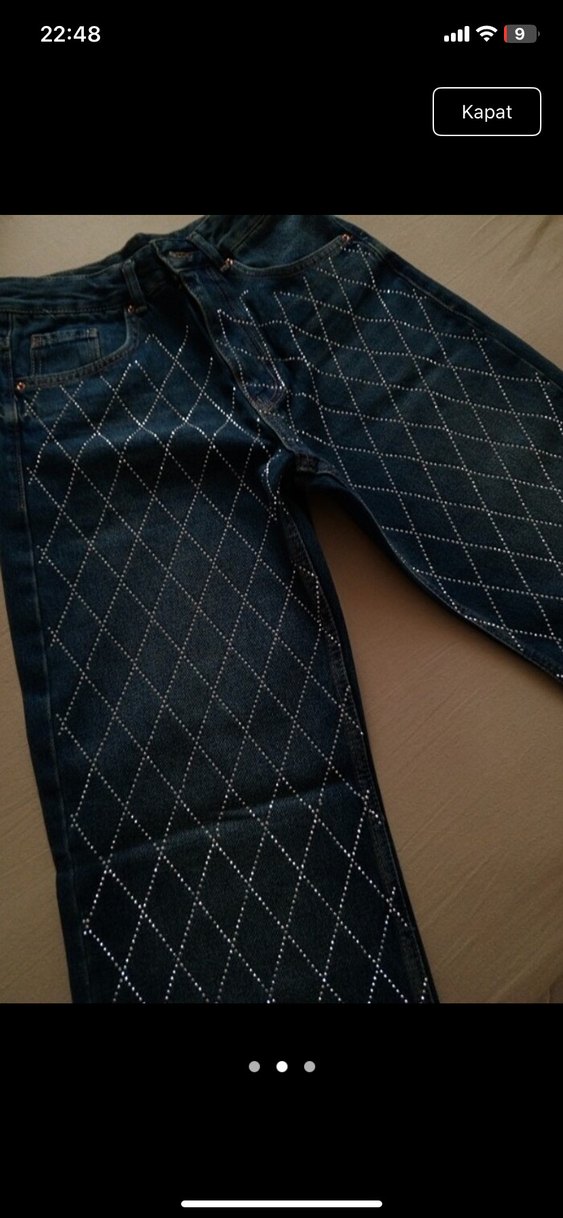 Kadın Mavi Kareli Payetli Denim Pantolon - Görsel 2