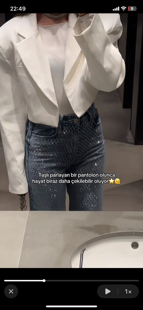 Kadın Mavi Kareli Payetli Denim Pantolon - Görsel 3