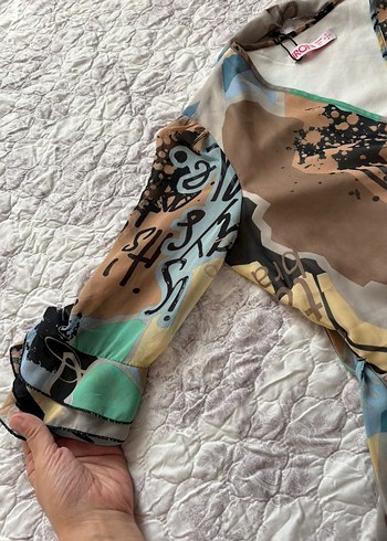 Şifon kısa kollu , V Yakalı Çok Renkli Baskılı elbise - Görsel 5