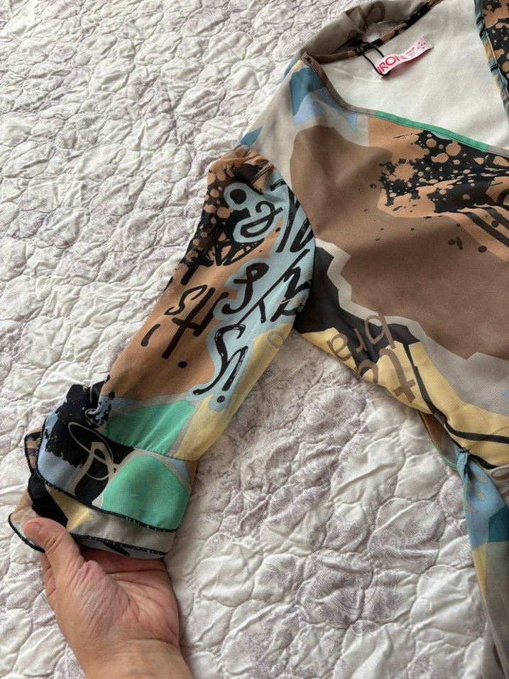 Şifon kısa kollu , V Yakalı Çok Renkli Baskılı elbise - Görsel 5