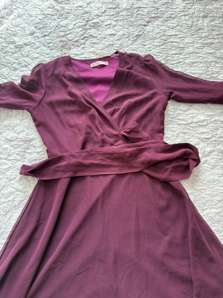 Bordo V Yaka Uzun Bohem Kadın Elbise - Görsel 2