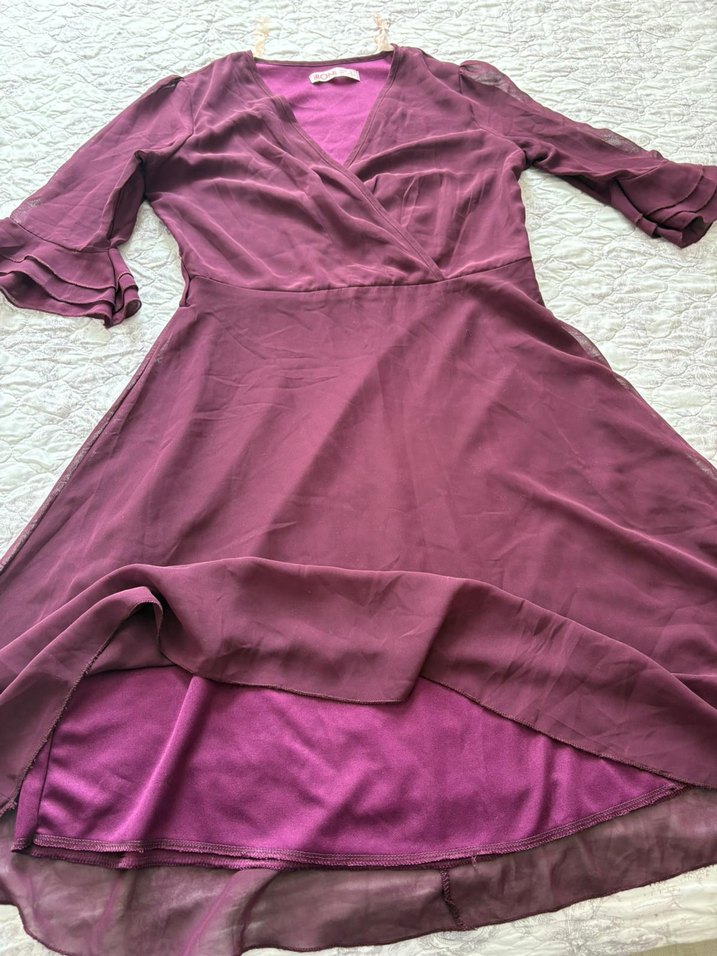 Bordo V Yaka Uzun Bohem Kadın Elbise - Görsel 3