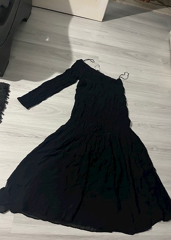 m Beden siyah Renk Zara Siyah Asimetrik Uzun Keten Elbise