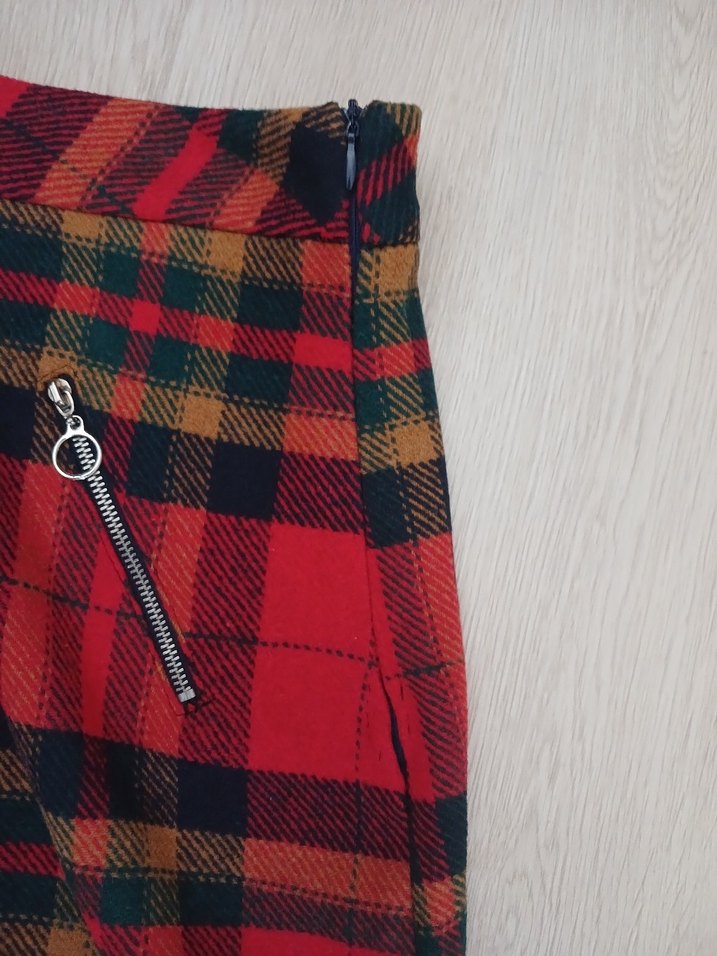 Kırmızı Ekose Mini Etek Fermuarlı - Görsel 3